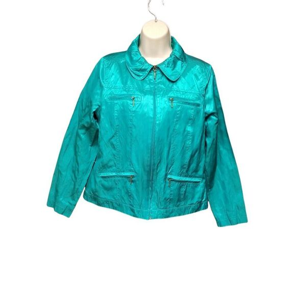 TanJay Emerald Green Crinkle Satin Block Zip Front Jacket Size 8 - Picture 1 of 4